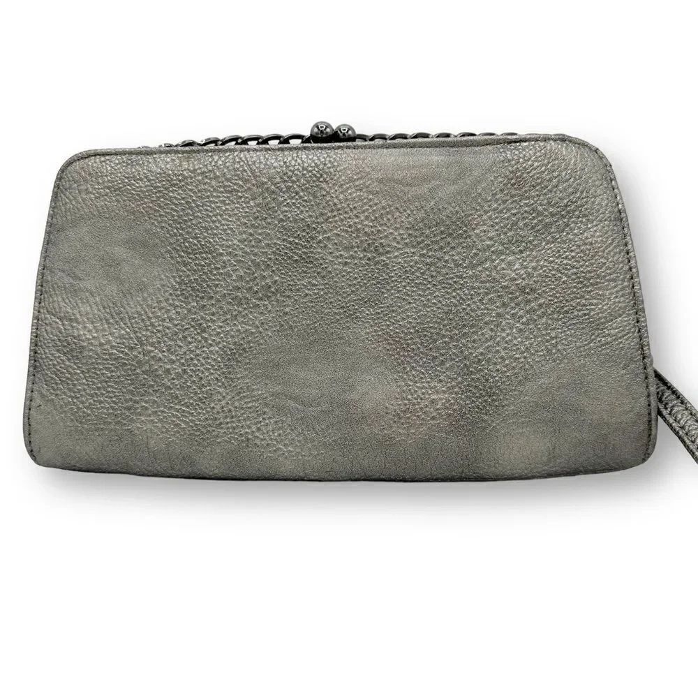 Big-buddha Pewter/Metallic Clutch With‎ Chain Accent Wristlet Vegan Leather